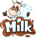 Funny cow hold glass of milk behind milk text