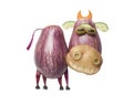 Funny cow made of eggplant and potato