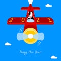 2021. Funny cow pilot character flying on airplane. Cow operating plane. Happy New Year. 2021 design for your projects Royalty Free Stock Photo