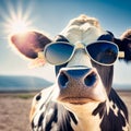 Funny cow in sunglasses close-up, generative AI Royalty Free Stock Photo