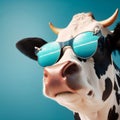 Funny cow in sunglasses close-up, generative AI Royalty Free Stock Photo