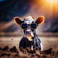 Funny cow in sunglasses close-up, generative AI Royalty Free Stock Photo