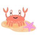 Funny crab on beach. Pink seashell with claws walks along coast. Cute children drawing. Sand with starfish