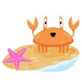 Funny crab on beach. Pink seashell with claws walks along coast. Cute children drawing. Sand with starfish