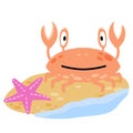 Funny crab on beach. Pink seashell with claws walks along coast. Cute children drawing. Sand with starfish