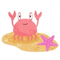 Funny crab on beach. Pink seashell with claws walks along coast. Cute children drawing. Sand with starfish