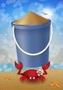 Funny crab with bucket sand