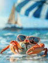 Funny crab with sunglasses on the sandy beach. Summer vacation concept