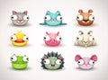 Funny crazy animals faces icons set.