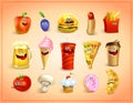 Funny crazy cartoon food icons set - sweets, drinks and fast food characters