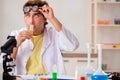 The funny crazy chemist doing experiments and tests Royalty Free Stock Photo