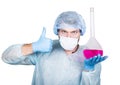 Funny crazy emotional chemist with flask. mad scientist in his laboratory experimenting on secret formulas. Royalty Free Stock Photo