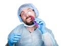 Funny crazy emotional chemist with flask. mad scientist in his laboratory experimenting on secret formulas. Royalty Free Stock Photo