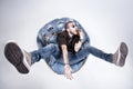 Funny crazy man dressed in jeans and sneakers Royalty Free Stock Photo