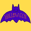 Funny, crazy, purple, bat with fangs, isolated.Vector hand drawn Royalty Free Stock Photo