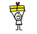 Funny crazy stickman with hands up holding a big present box in his hands. Royalty Free Stock Photo