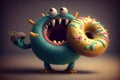 Funny creature eats donut. Generative AI Royalty Free Stock Photo