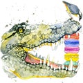 Funny crocodile and bird watercolor. fashion print