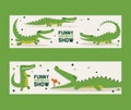 Funny crocodiles show set of banners vector illustration. Bird standing in mouth of alligator. Animal in different poses