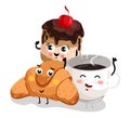 Funny croissant, cake and coffee cup character