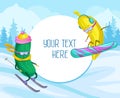 Funny cucumber and banana characters skiing and snowboarding vector illustration, design element for poster or banner