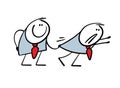 Funny cunning boss does not let a subordinate succeed. Vector illustration of a colleague holding an office worker by