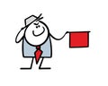 Funny cunning businessman holds a red rag and provokes competitors to aggression. Vector illustration of a stickman in a