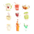 Funny cup, bottle, glass with drinks standing and smiling, set for label design. Cartoon detailed Illustrations isolated