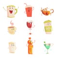 Funny cup, bottle, glass with drinks standing and smiling