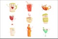 Funny cup, bottle, glass with drinks standing and smiling, set for label design. Cartoon detailed Illustrations isolated