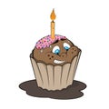 Funny cupcake with candle. Cartoon style