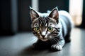 Funny curious cute kitten who sits on the floor indoors close-up with selective focus Royalty Free Stock Photo