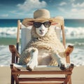 Funny curly wool sheep in straw hat and sunglasses is relaxing on a chaise longue on the sea beach