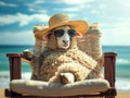 Funny curly wool sheep in straw hat and sunglasses is relaxing on a chaise longue on the sea beach