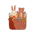 Funny cute adorable animal kid toy. Game basket with childish stuff or playthings. Hand drawn minimalistic bunny or hare Royalty Free Stock Photo