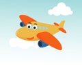 Funny cute airplane is flying in the air. Cartoon hand drawn vector illustration. Can be used for t-shirt printing, children wear Royalty Free Stock Photo