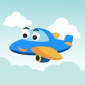 Funny cute airplane is flying in the air. Cartoon hand drawn vector illustration. Can be used for t-shirt printing, children wear Royalty Free Stock Photo