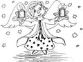 Funny cute angel with light candles, stars. Hand drawn ink sketch design element