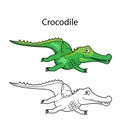 Funny cute animal crocodile isolated on white background. Linear, contour, black and white and colored version. Illustration can Royalty Free Stock Photo