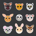 Funny cute animals head stickers. Cartoon characters. Flat vector stock illustration