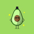 Funny cute avocado character. Vector flat avocado cartoon character using sunglasses and black hat. Isolated on green background.