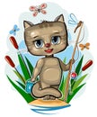 Funny cute baby Cat on the bank of the stream. A fisherman with a fishing rod among the reeds. Naive animal child Royalty Free Stock Photo