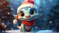 Funny cute baby dragon in winter forest, smiling fairy animal sits on snow at Christmas night. Happy character on dark blue