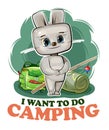 Funny cute baby Hare. He asks to take him camping. Backpack m fishing rod. Naive animal child. Cartoon style