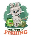 Funny cute baby Hare. He asks to take him fishing. Backpack m fishing rod. Naive animal child. Cartoon style