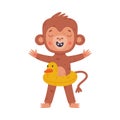 Funny cute baby monkey with inflatable duck. African tropical animal cartoon character vector illustration