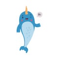 Funny cute baby narwhal saying Hi. Sea mammal animal cartoon character waving its fin vector illustration Royalty Free Stock Photo