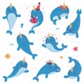 Funny cute baby narwhal set. Sea mammal animal cartoon character in different everyday activities vector illustration Royalty Free Stock Photo