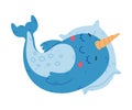 Funny cute baby narwhal sleeping on pillow. Sea mammal animal cartoon character vector illustration Royalty Free Stock Photo