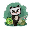 Funny cute baby panda Bear. He asks to take him camping. Backpack m fishing rod. Naive animal child. Cartoon style